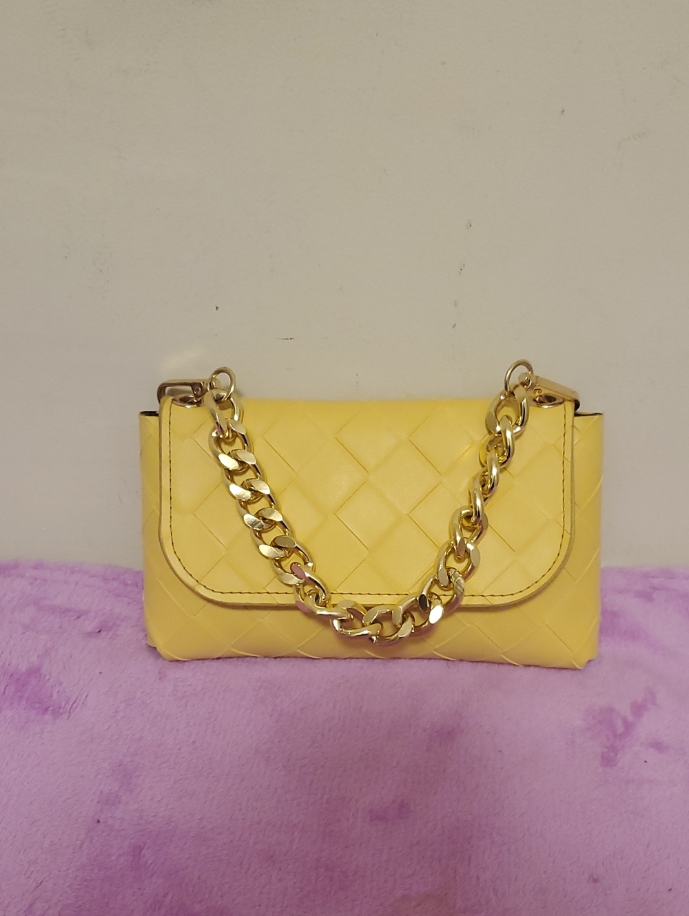 Yellow Woven Crossbody Bag with Gold Chain